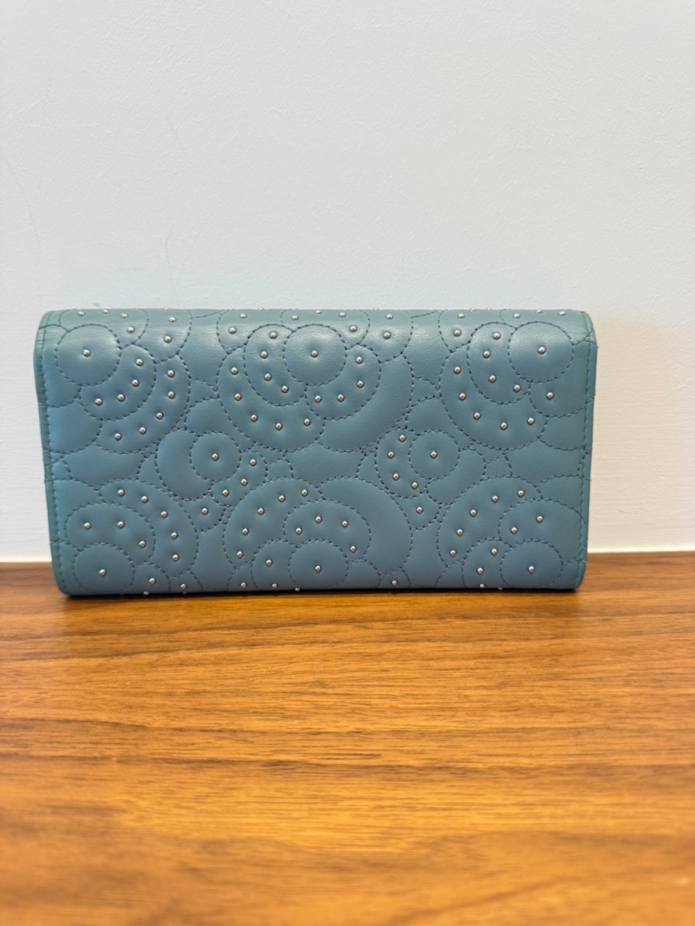Chanel Lambskin Camellia Embossed Long Double Wallet with Studs in Blue - Picture 6 of 7